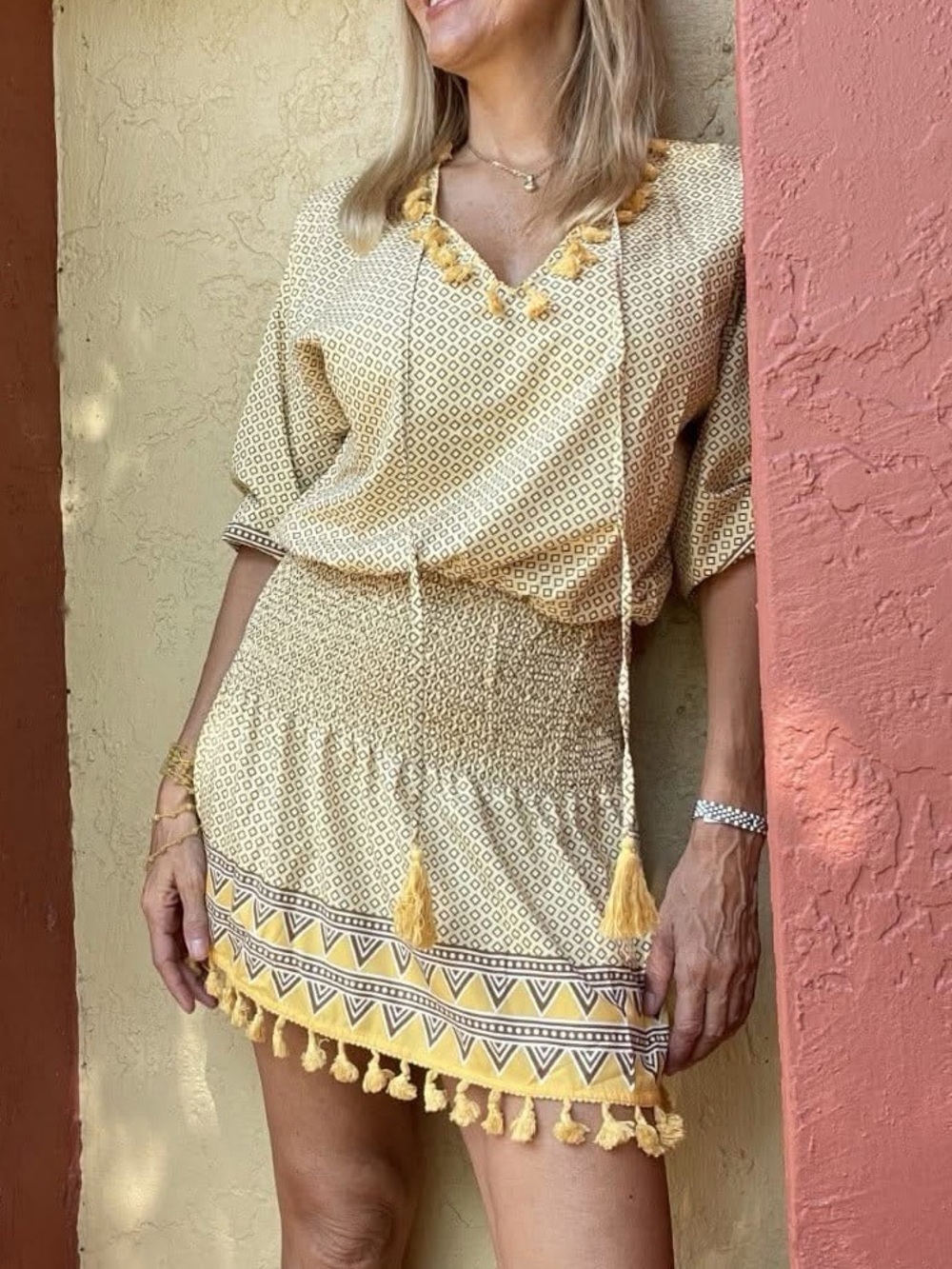 Made With Love NWT Yellow Patterned Tassel Smocked Waist Boho Mini Dress Large